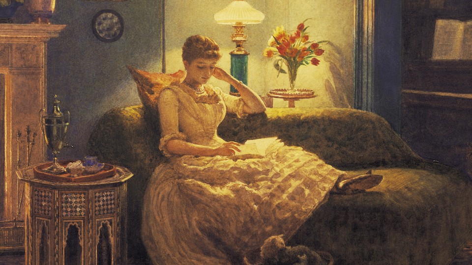 Painting of a woman reading on a couch