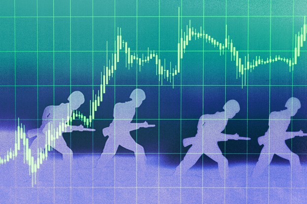 Illustration of soldiers running superimposed with an upward graph line