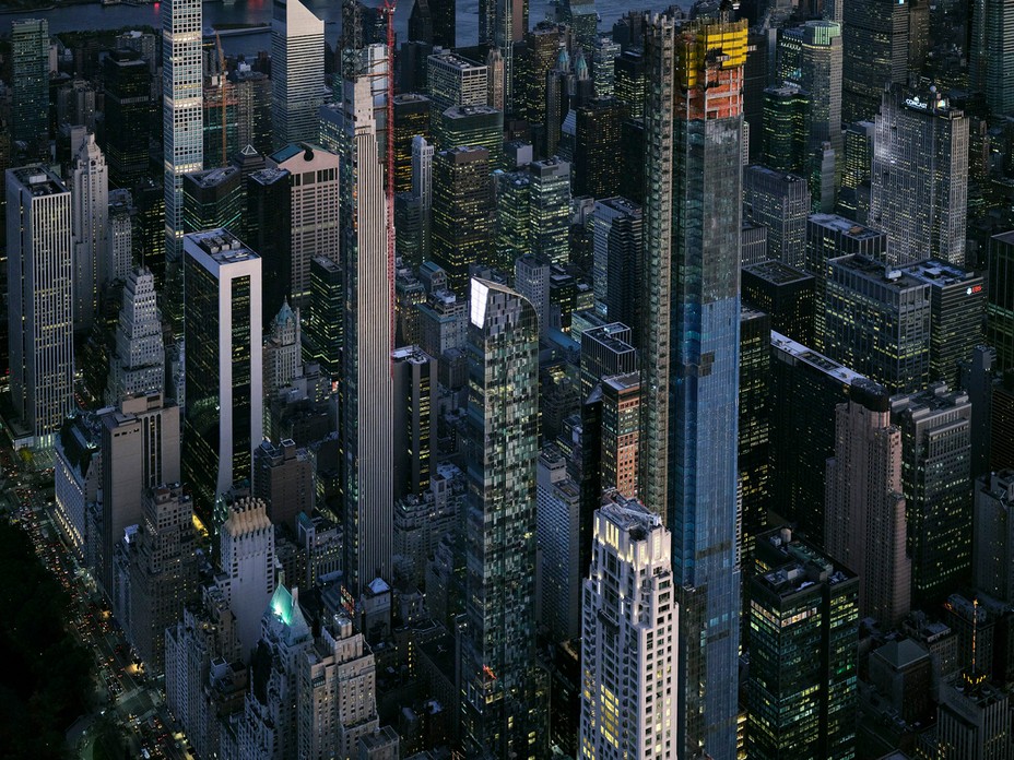 aerial photo of Midtown with supertalls at dusk