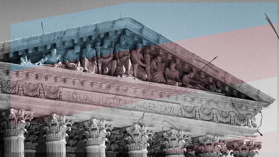 A photo of the Supreme Court building with an illustration of a trans flag over it.