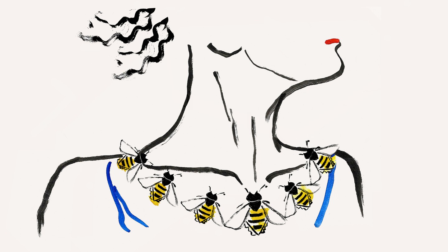 An illustration of a woman looking up to the side, with a long neck and a necklace of bees and a collar line of deep blue