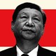 Illustration of Xi Jinping in black and white against a red-and-white background