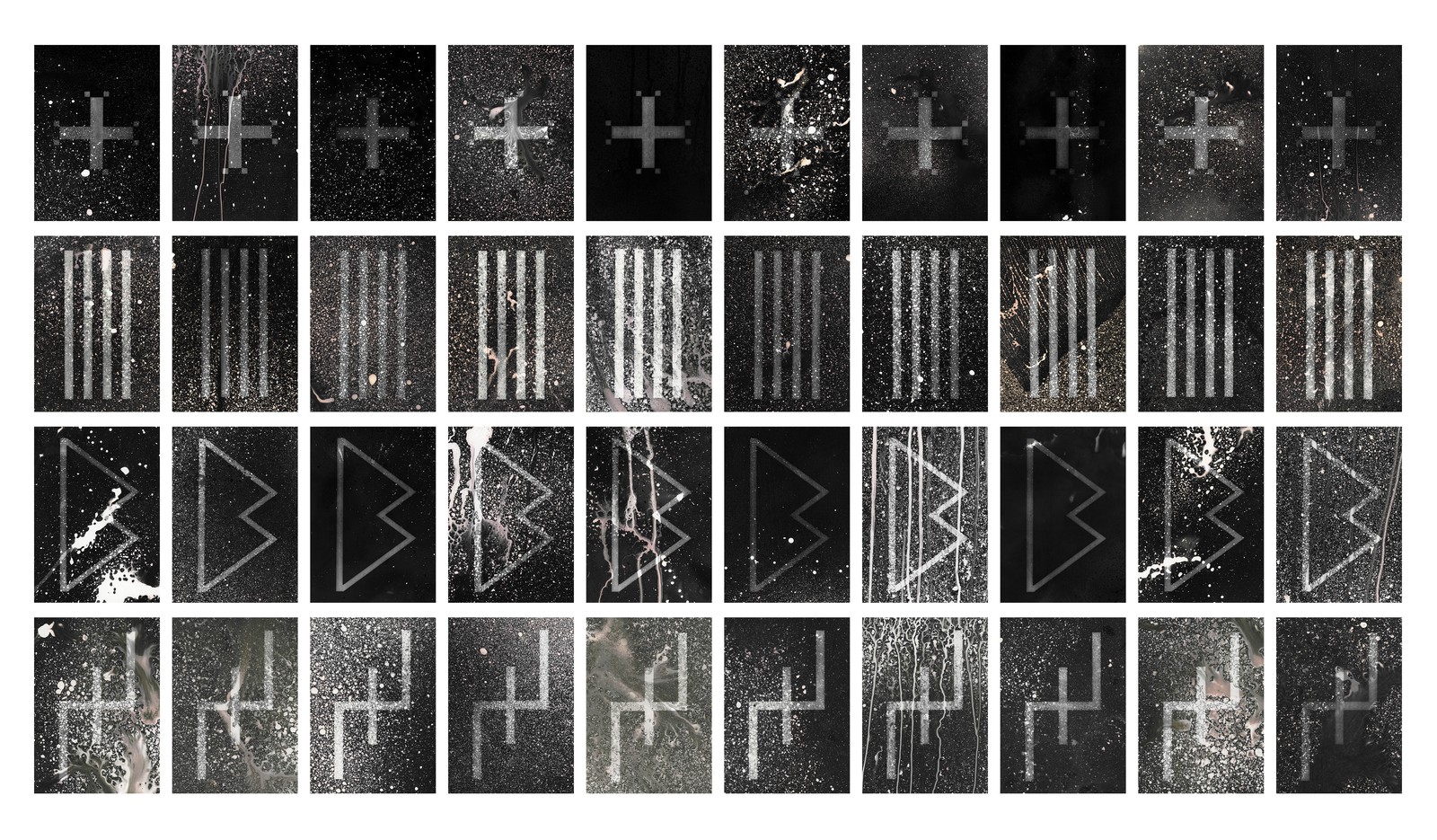 grid of black-and-white abstract images with repeated symbols, shapes, and dots