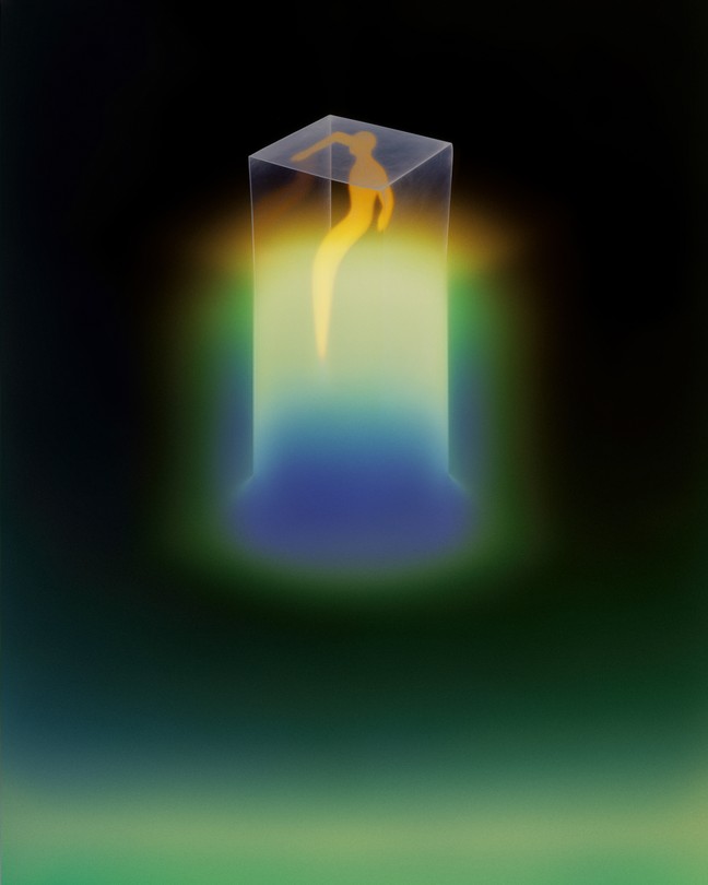 A yellow figure floats up to the top of a glass box surrounded by color and darkness