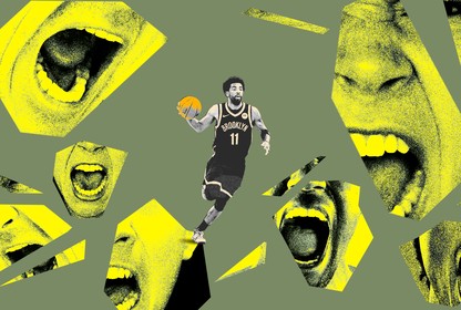 A Brooklyn Nets basketball player surrounded by screaming mouths