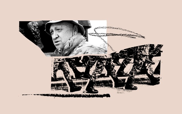 An illustration featuring Yevgeny Prigozhin and marching soldiers