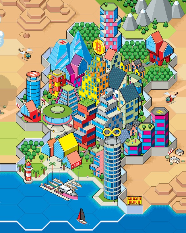 illustration showing walled city with skyscrapers and marina in honeycomb-patterned desert shoreline