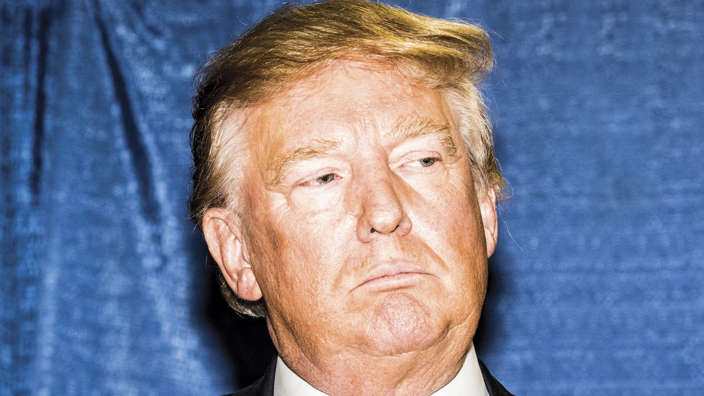 Trump with head cocked sideways, looking to side on blue background