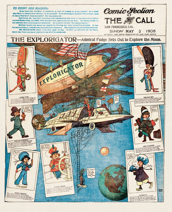 A broadsheet of a air balloon with blue sky in the background