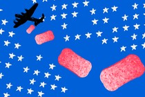 An illustrated war plane drops slices of SPAM, the canned meat, across a patriotic, star-spangled sky.