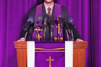Photo illustration of a pastor dressed as a politician standing at a podium