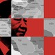 A red and black photo of Xi Jinping is superimposed in a checkerboard pattern over a black and white map of Iran.