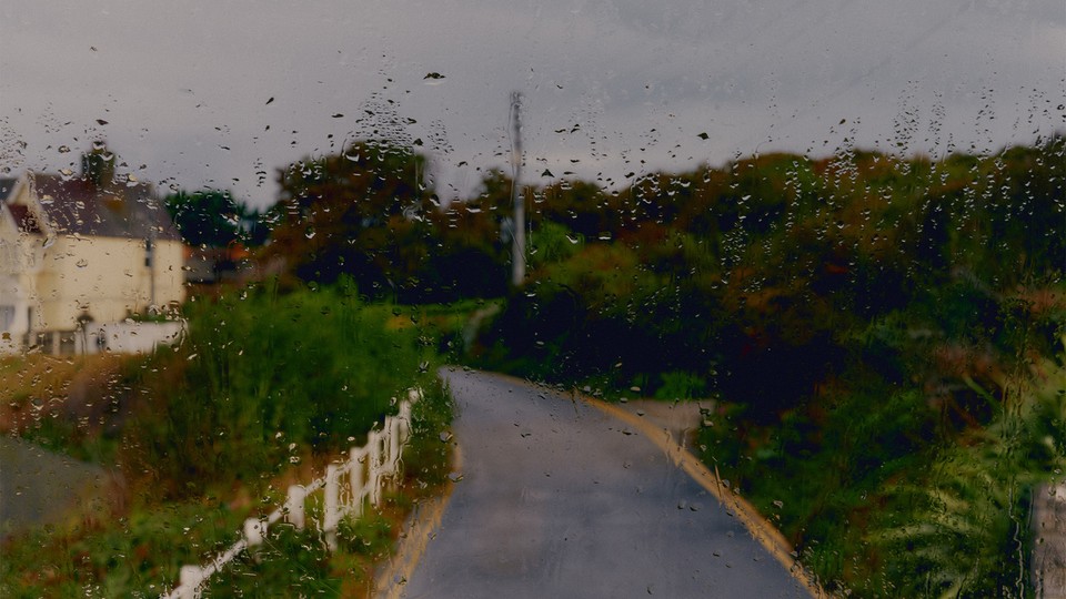 A narrow road curving through green woodland, seen through a window covered in raindrops.