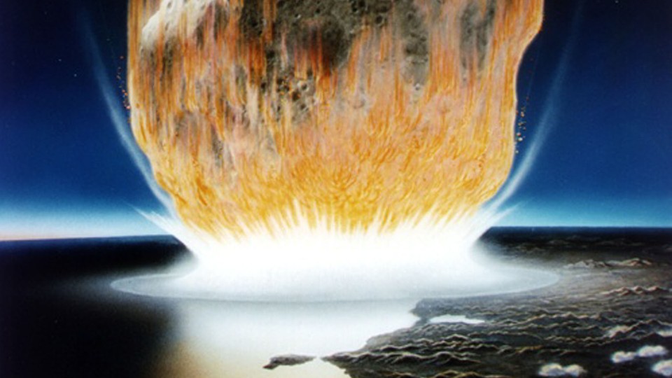 An artist's depiction of the K-T impact, which wiped out all nonavian dinosaurs.