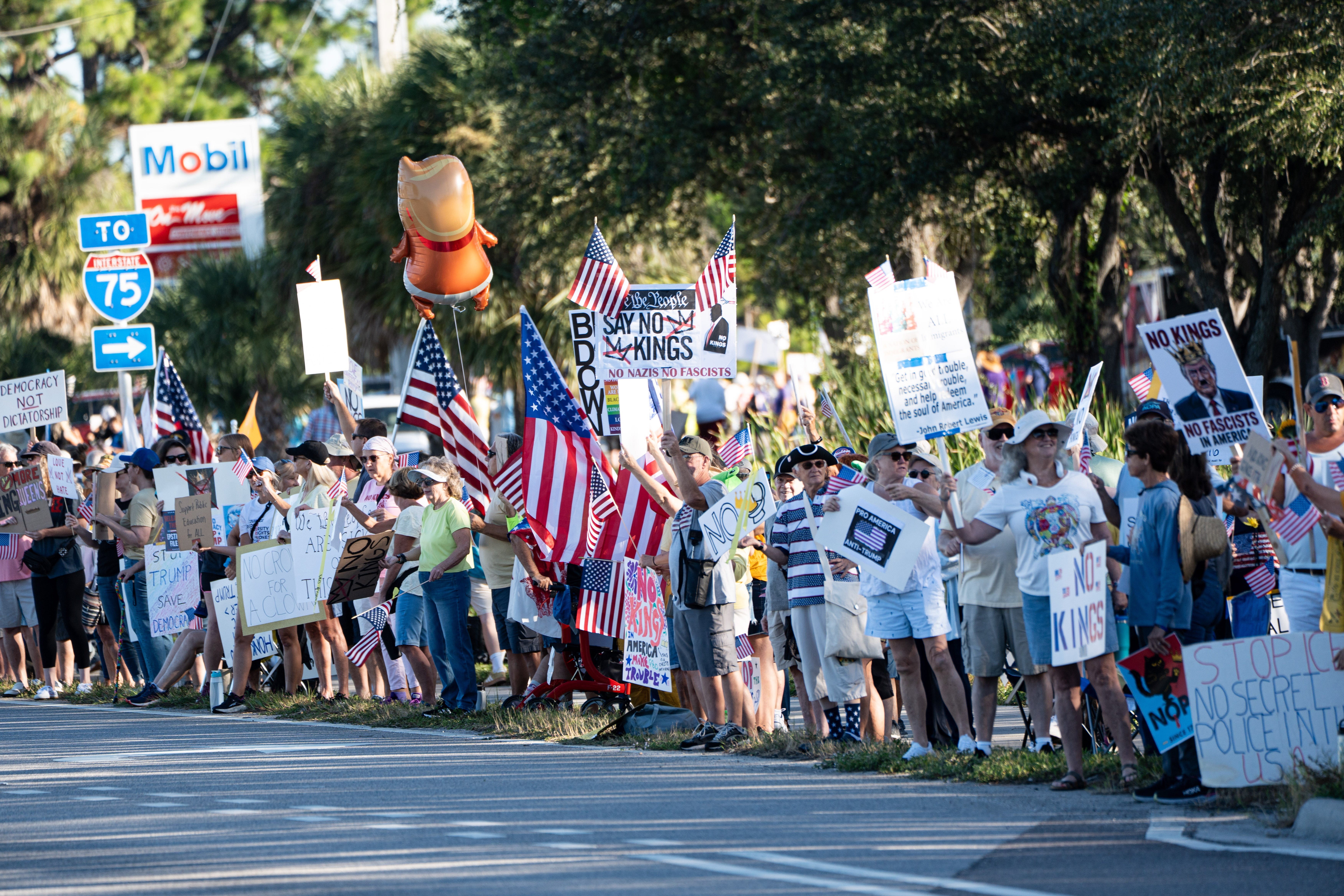 A large number of protestors hold signs on a street corner.