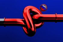 An illustration of a pipeline with a knot in it and Russian insignia