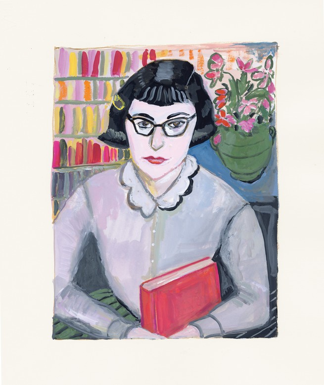 Illustration of a woman with black bobbed hair and dark-rimmed glasses holding a red book with flowers and bookshelves in background