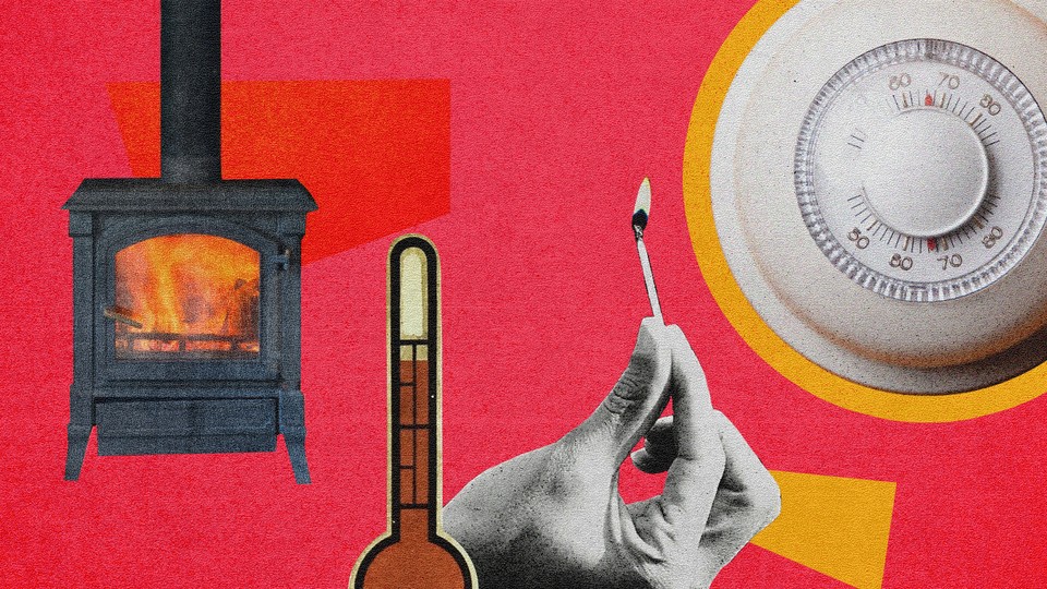 A collage with images of a furnace, a thermostat, and a match