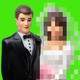 Illustration of two doll-like figures against a green background: a man in a black tuxedo and a blurry/pixelated woman in a white wedding dress