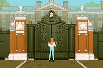 A woman stands before an ornate gate