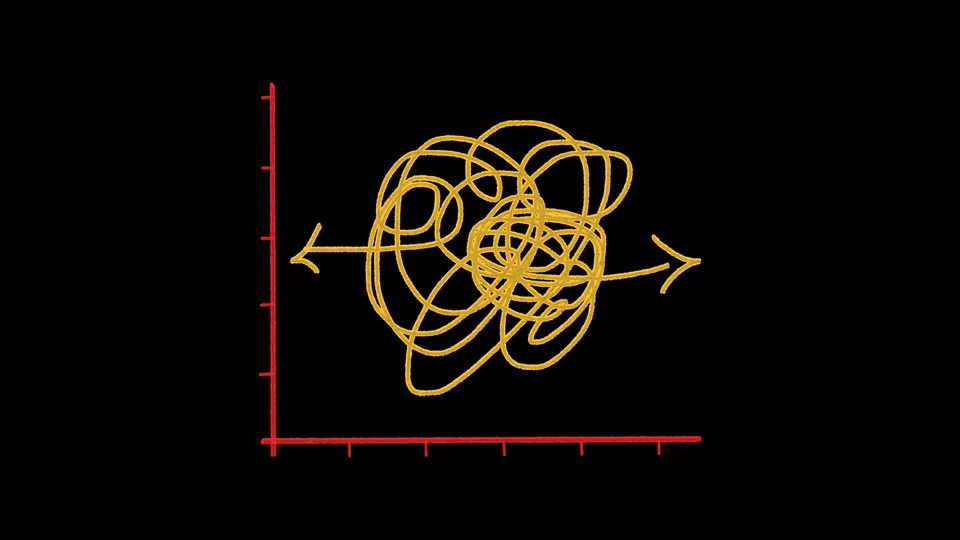 Illustration of a graph with two axes set against a black background, and a mess of squiggly lines and arrows tangled up in the middle