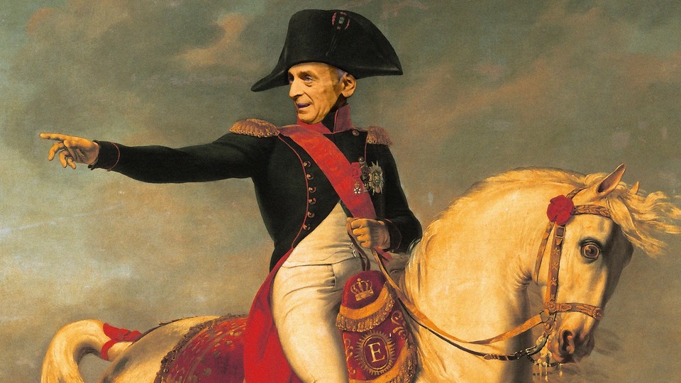 Illustration of Napoleon on a horse, but his face has been replaced with Éric Zemmour's