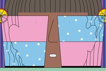 An illustration of a person staring at two glasses of water. The bottom half of one glass and the top half of the other are full of water.