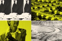 collage of men with hands folded, suburban homes, woman speaking at microphone, and mining area