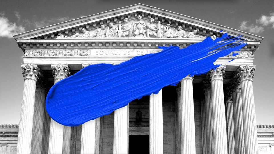 The Supreme Court building in black and white, slashed with blue paint