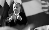 Viktor Orbán, the prime minister of Hungary, in black and white