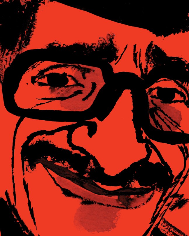 illustrated black-ink sketch of Sammy Davis Jr. smiling and wearing large glasses on red background