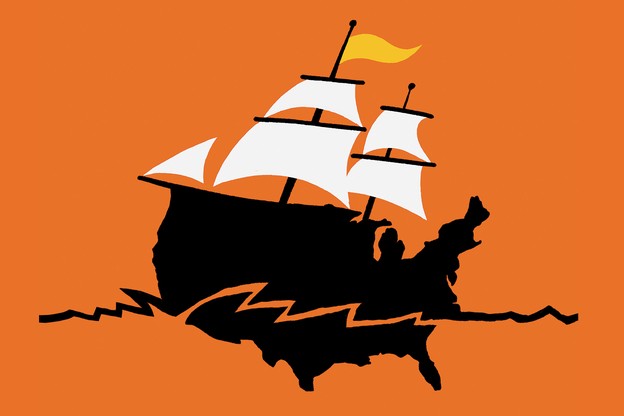 illustration of a pirate-style ship with a black hull in the shape of the United States, with tall masts, white sails, and a yellow pennant on orange background