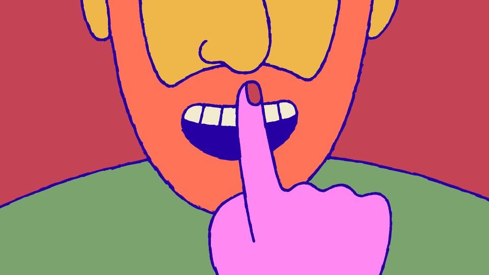 A woman holds a silencing finger to a man's mouth