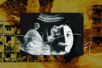 a woman's face and fetus against a backdrop of buildings blown up in the attack on ukraine