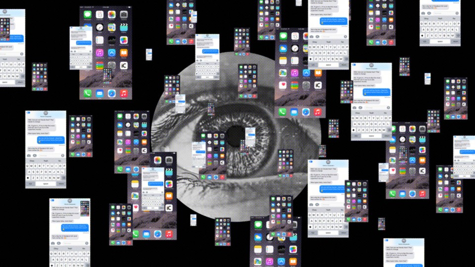 A person's eye, in close-up, surrounded by floating phone screens