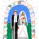 A bride and groom stand under an arch made of hands holding each other