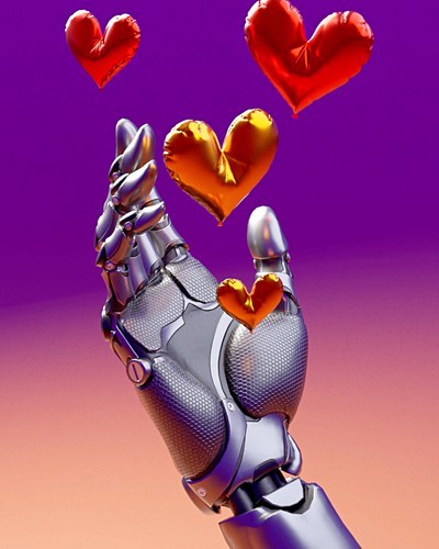 A robot hand opening to reveal heart-shaped balloons
