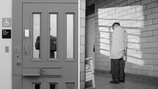 An inmate is seen in between slats in the door to one of the cells at the mental health unit at the California Department of Corrections and Rehabilitation's Stockton Health Facility 