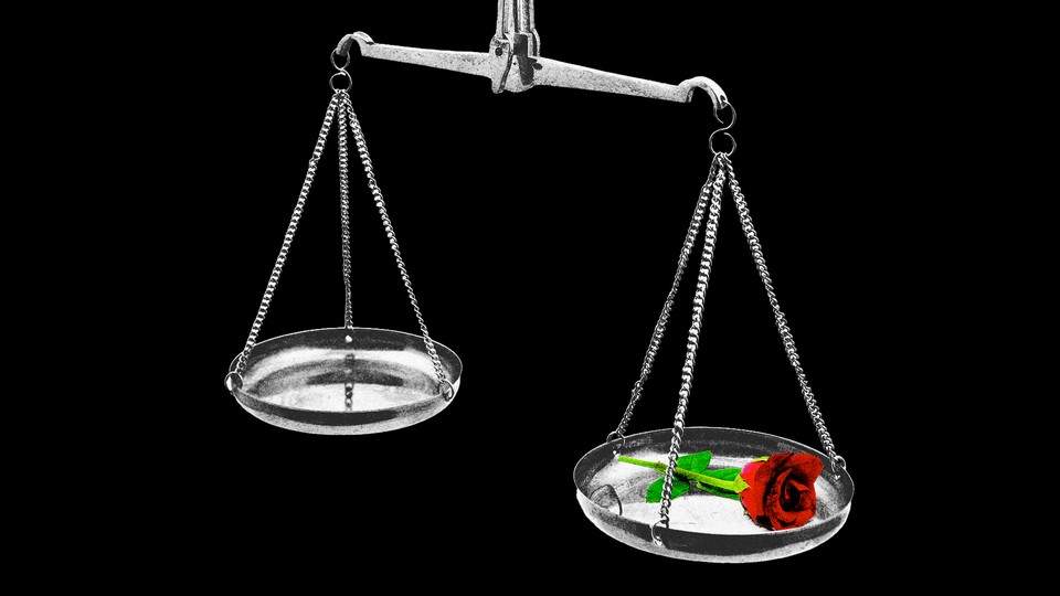 Illustration of scales of justice with a rose on one side