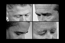 A photo-montage of tightly cropped portraits of recent presidents looking downward