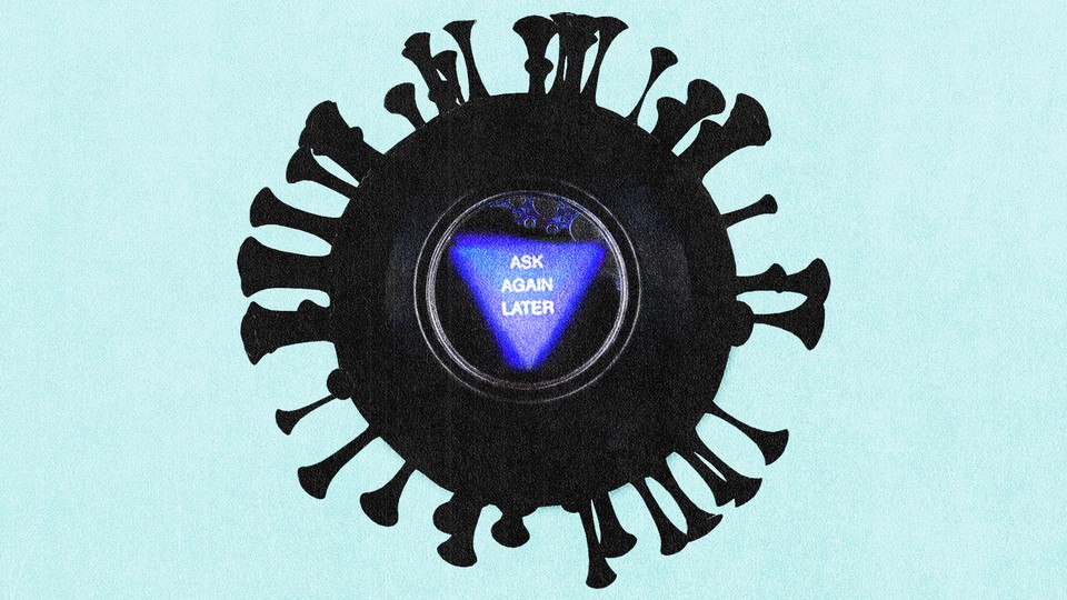 Illustration of a black coronavirus particle shaped like a figure-8 ball, with "ask again later" written