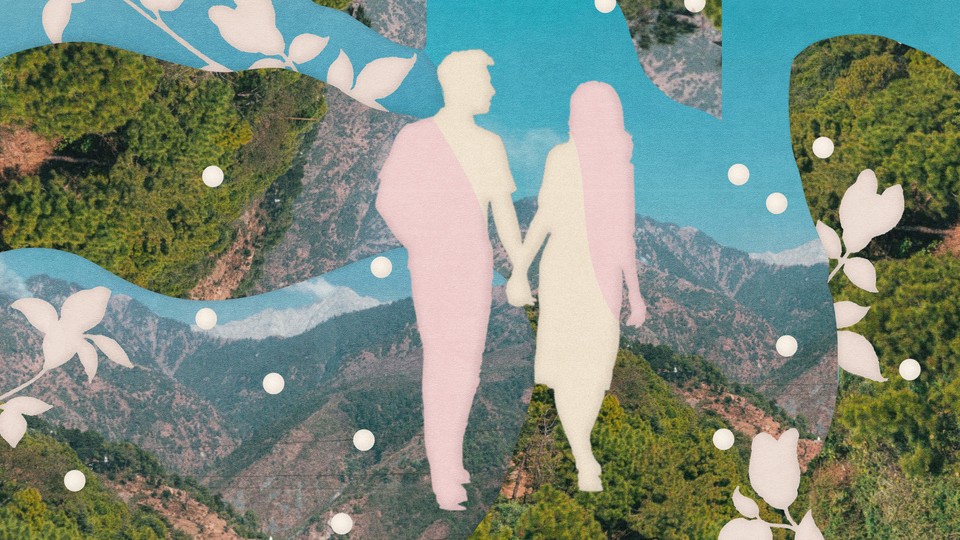 Illustration of two people holding hands with aerial tree canopies collaged in the background.