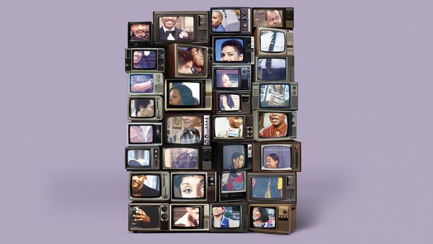 Stack of about 30 vintage TV sets, on light-purple background, showing various Black TV series over the decades