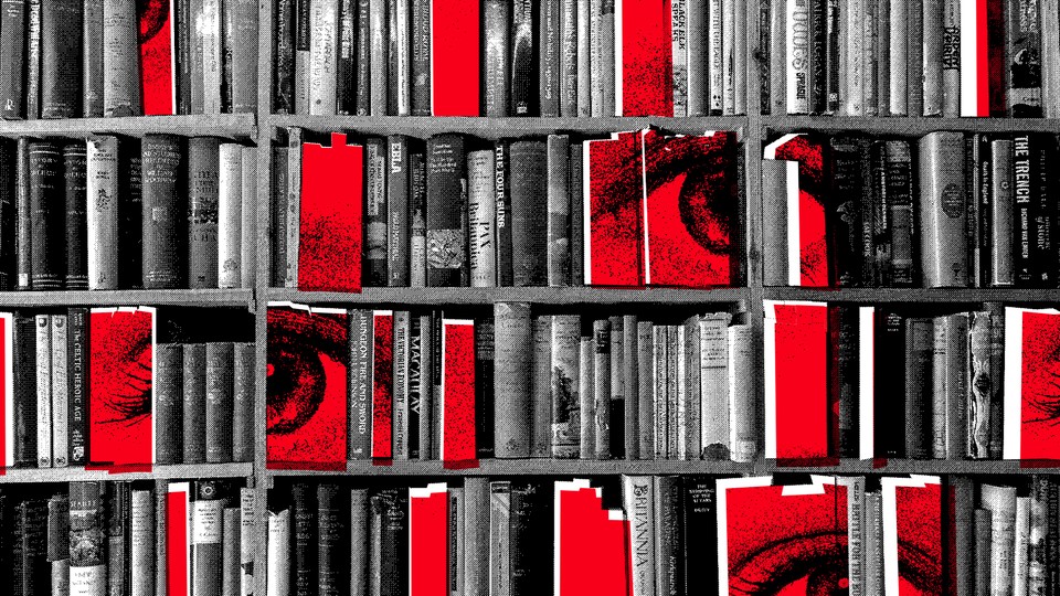 A photo illustration shows a bookshelf with large eyes