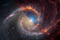 A combination of two halves of different images of the same spiral galaxy, showing bright, streaked lanes of stars, gas, and dust