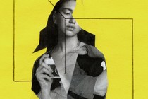 A photo-illustration of a cut-out black-and-white photo of a young woman holding a camera, framed with rectangular 3-D lines in a collage style on a mustard-yellow background.