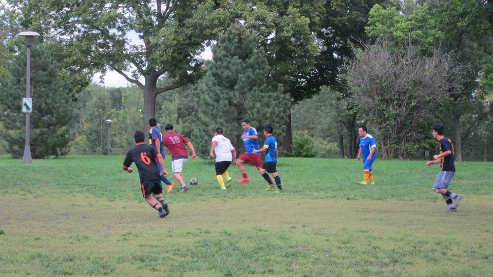 Ecuadorian immigrants play soccer in Powderhorn Park in Minneapolis.