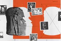 An illustration featuring one of the Benin bronzes and a series of stamps