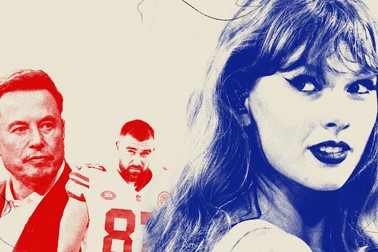 Photo illustration of Taylor Swift, Travis Kelce, and Elon Musk