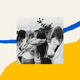 The outline of a blue speech bubble fills the top half of the screen. A second speech bubble is filled in all yellow on the bottom of the screen. In the middle of the two bubbles is a black-and-white photo of 4 college-aged women walking away from the camera. They are dressed casually with jeans and sweatshirts and each has hair that is a different color and texture hair from the others. They have their arms around one another. Their backs are to the camera.